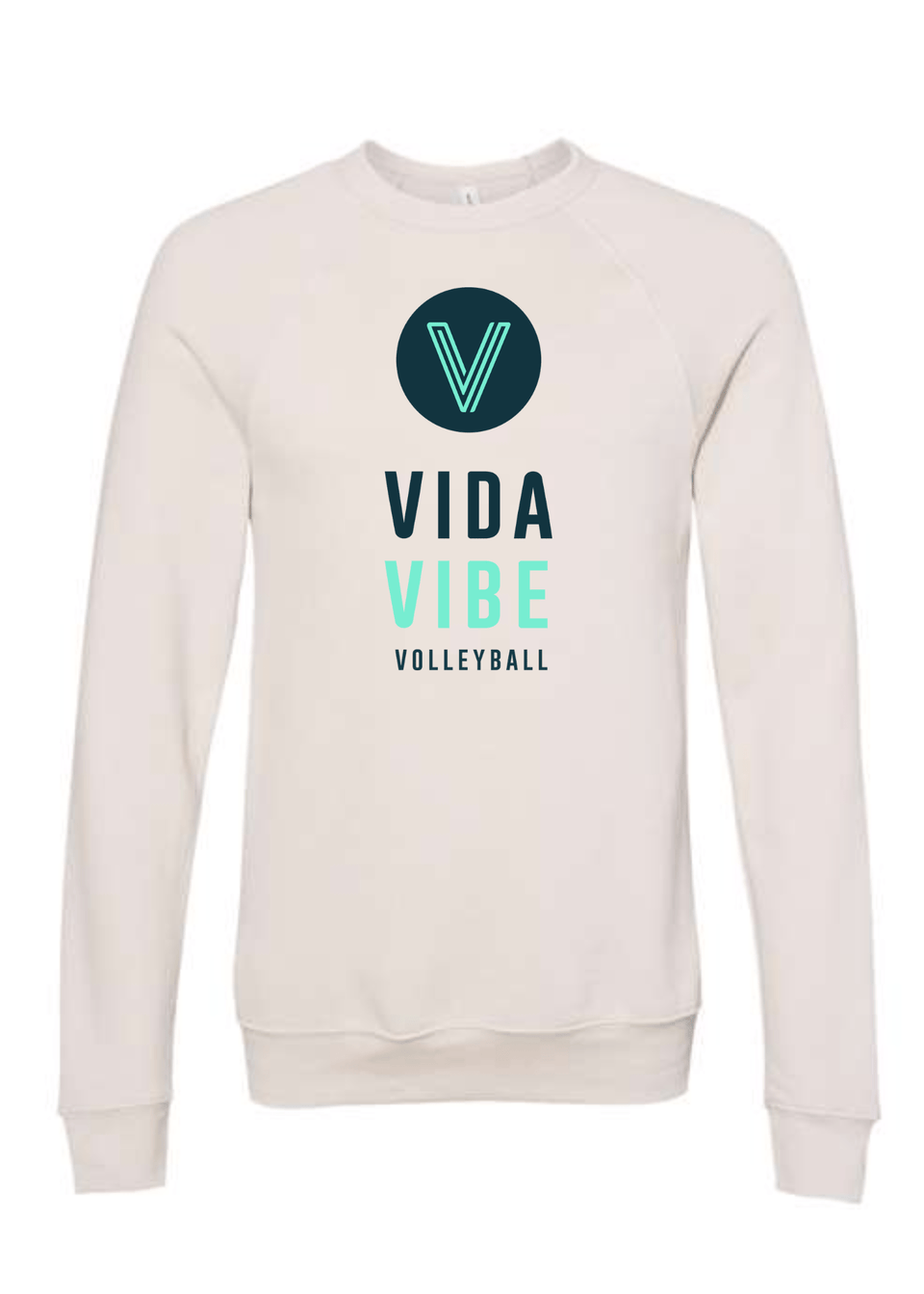 Beige sweatshirt with 'Vida Vibe Volleyball' logo on a white background